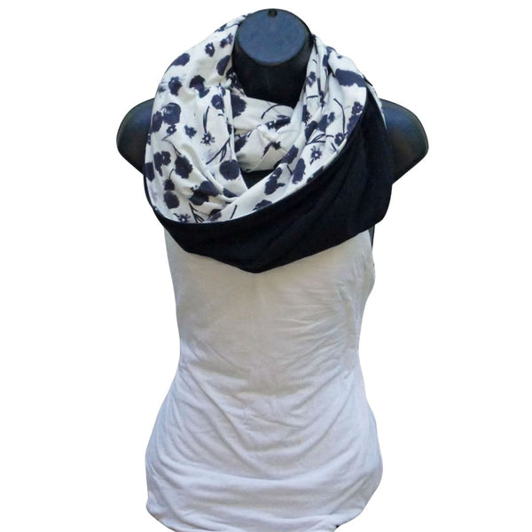 White bamboo scarf with black flower patterns