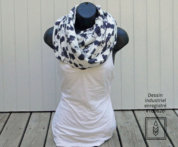 White bamboo scarf with black flower patterns