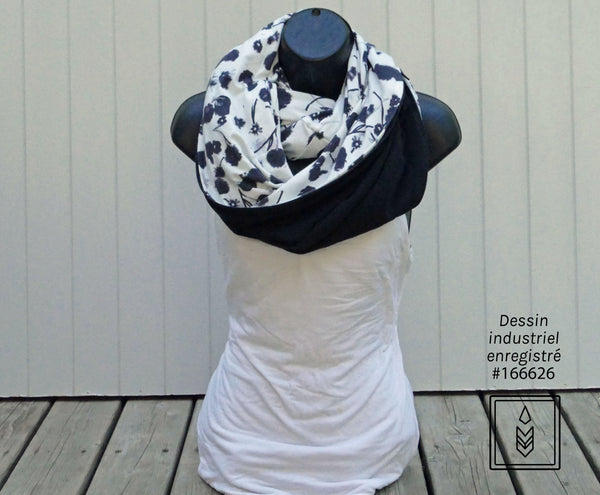 White bamboo scarf with black flower patterns