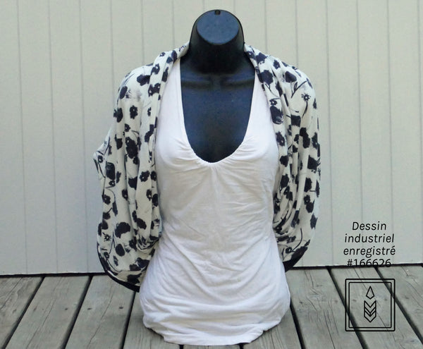 White bamboo scarf with black flower patterns