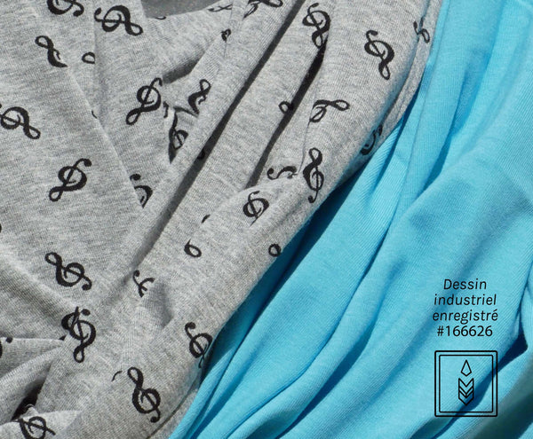 Infinity scarf in gray bamboo with treble clef patterns