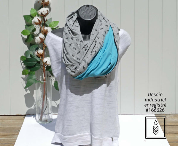 Infinity scarf in gray bamboo with treble clef patterns