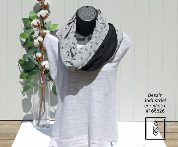 Infinity scarf in gray bamboo with treble clef patterns