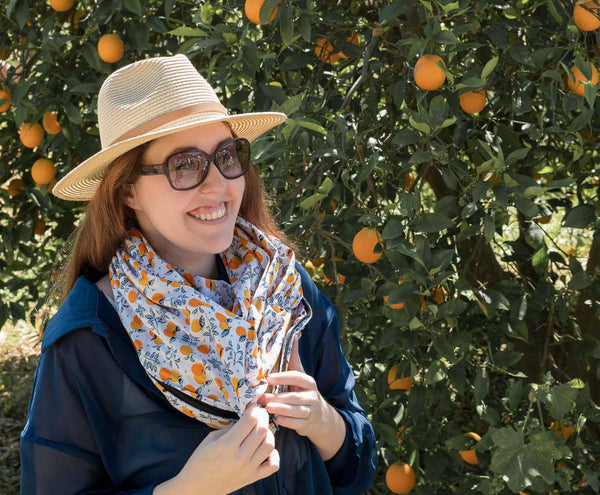 White scarf with orange patterns
