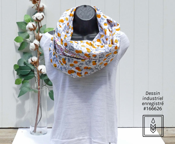 White scarf with orange patterns