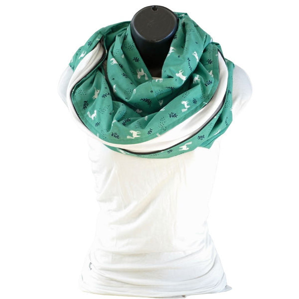 Green infinity scarf with white and dark blue patterns