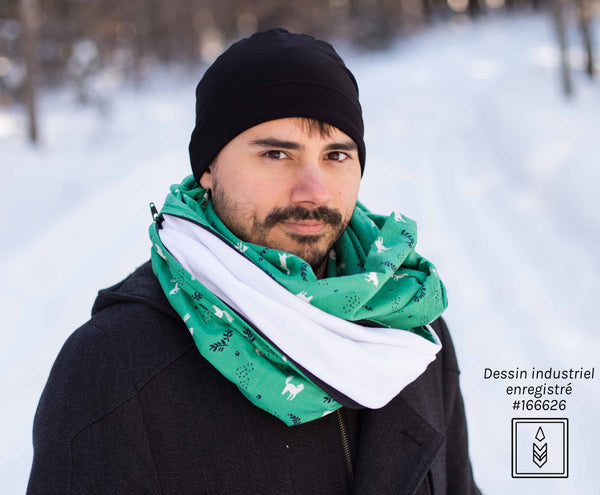 Green infinity scarf with white and dark blue patterns