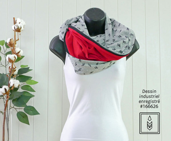 Infinity scarf in gray bamboo with treble clef patterns