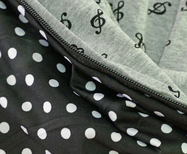 Infinity scarf in gray bamboo with treble clef patterns