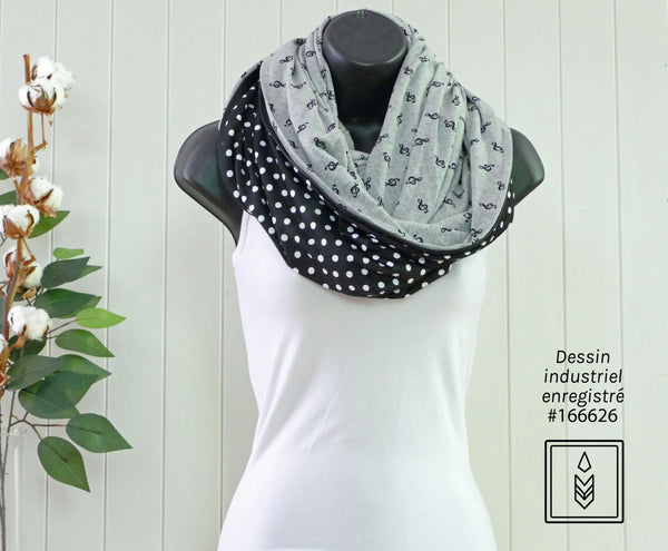 Infinity scarf in gray bamboo with treble clef patterns