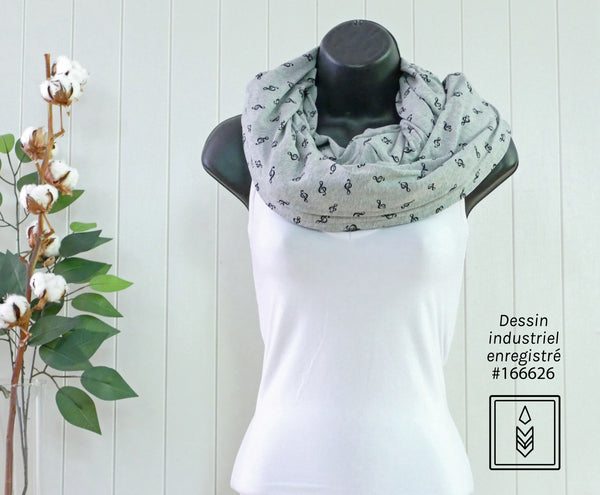 Infinity scarf in gray bamboo with treble clef patterns