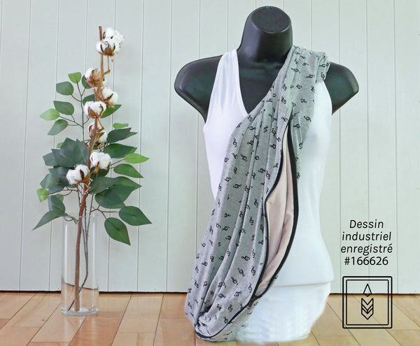 Infinity scarf in gray bamboo with treble clef patterns
