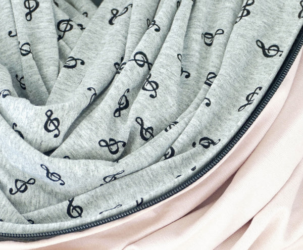 Infinity scarf in gray bamboo with treble clef patterns