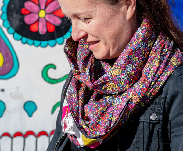 Black scarf with colorful skull patterns