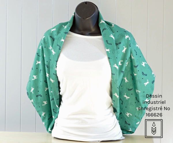 Green infinity scarf with white and dark blue patterns