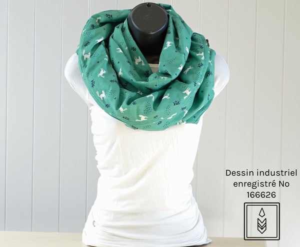 Green infinity scarf with white and dark blue patterns