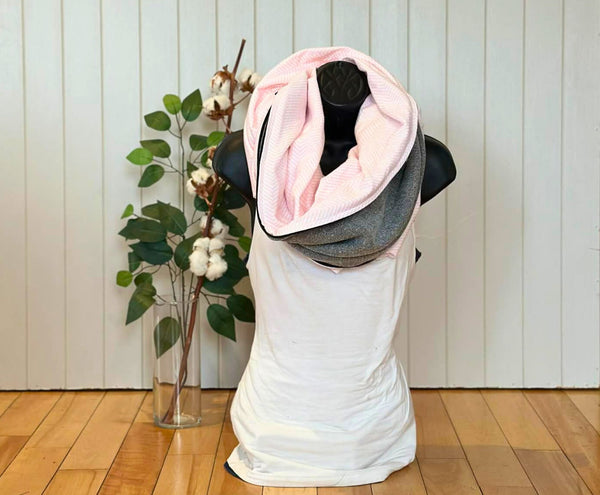 Winter flannel scarf with pink and white chevron pattern