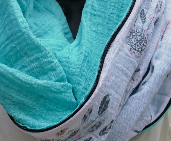 Blue muslin infinity scarf – lightweight, flowing and perfect for summer on the go