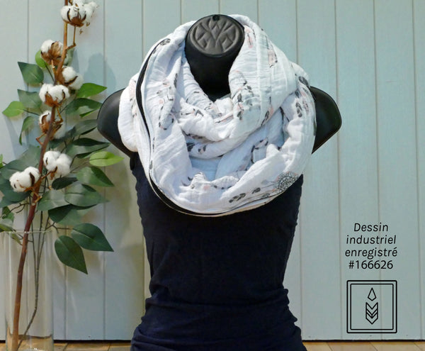 *PRÉ-COMMANDE* - Foulard infini blanc aux motifs de capteurs de rêves