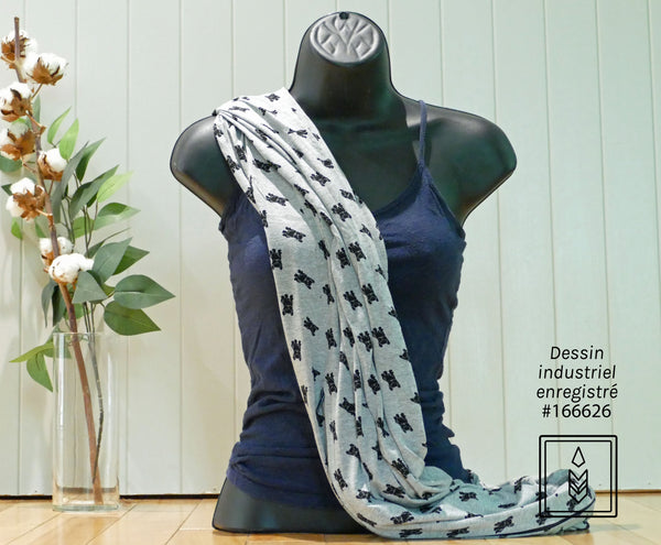 Infinity scarf in gray bamboo with dog patterns