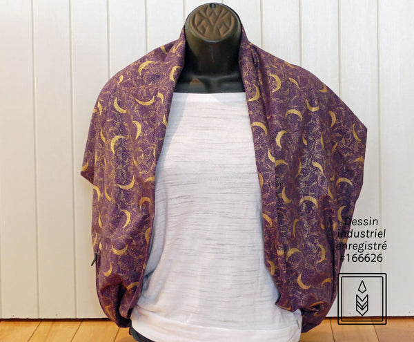 Purple infinity scarf with golden moon patterns