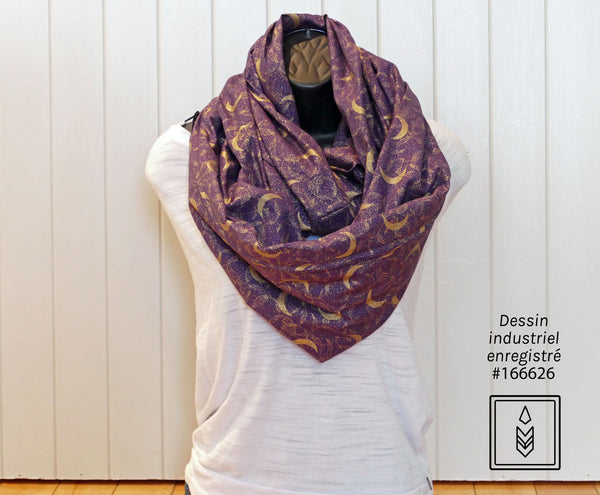Purple infinity scarf with golden moon patterns