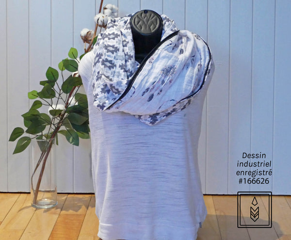 White infinity scarf with grey diamond patterns