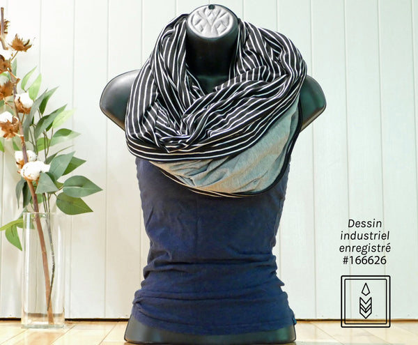 Infinity scarf in black bamboo with white stripe