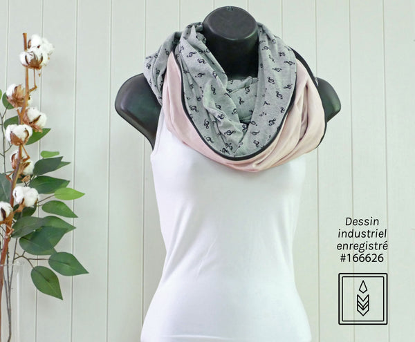 Infinity scarf in gray bamboo with treble clef patterns