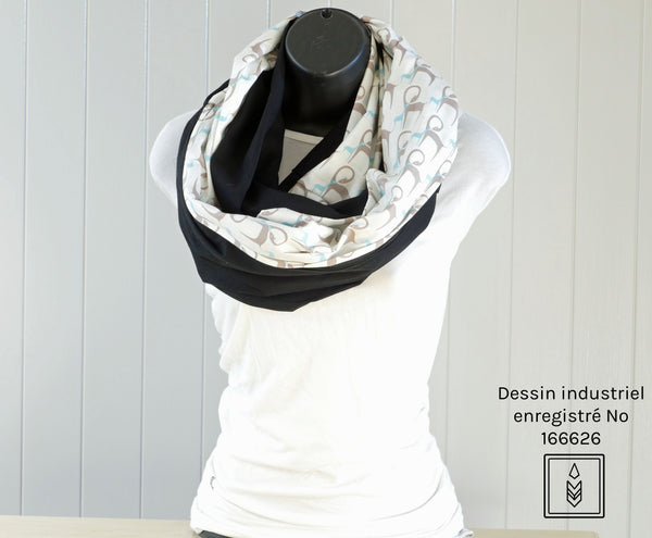 Plain black and white circular scarf with giraffe patterns