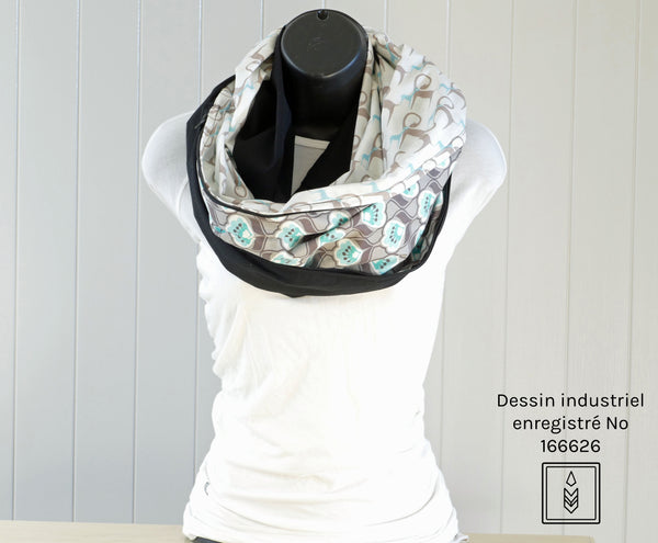 Plain black and white circular scarf with giraffe patterns